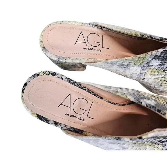 AGL Leather Snakeskin Pointed Toe Mules Size 7.5 Green & Gray Designer Luxury - Picture 13 of 15